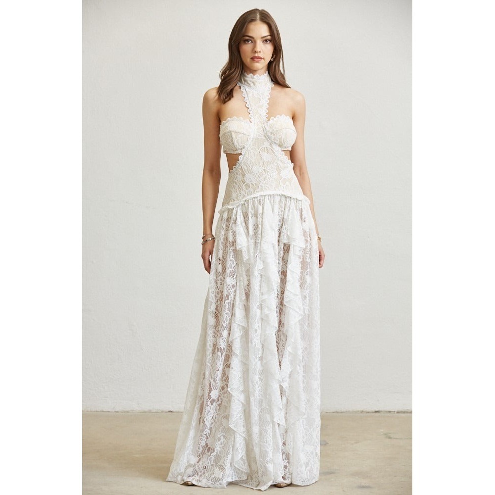 Blithe Lace Ruffle Drop Waist Maxi Dress with Cutouts S - Picture 3 of 12